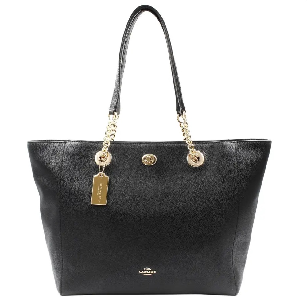 Coach Pebbled Turnlock Chain Black Leather Tote Womens Bag 56830